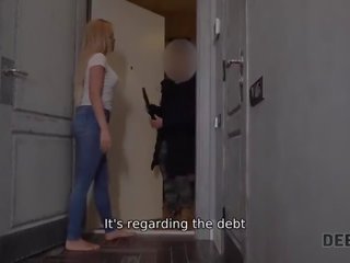 Debt4k. Blonde Hogtied Collector, Sucked His Dick and Gets It Into Vagina