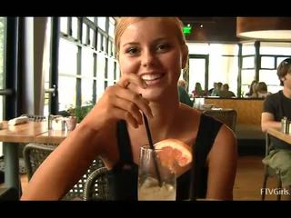 Jessi cute innocent blonde teen having dinner in restaurant