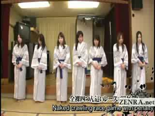 Subtitled group of japanese milfs stripping for racing game