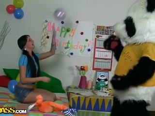 Brunette teen cutie fucked with strapon panda